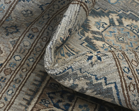 11 Ft Gray Kazak Afghan Hand Knotted Geometric Wool Runner Rug